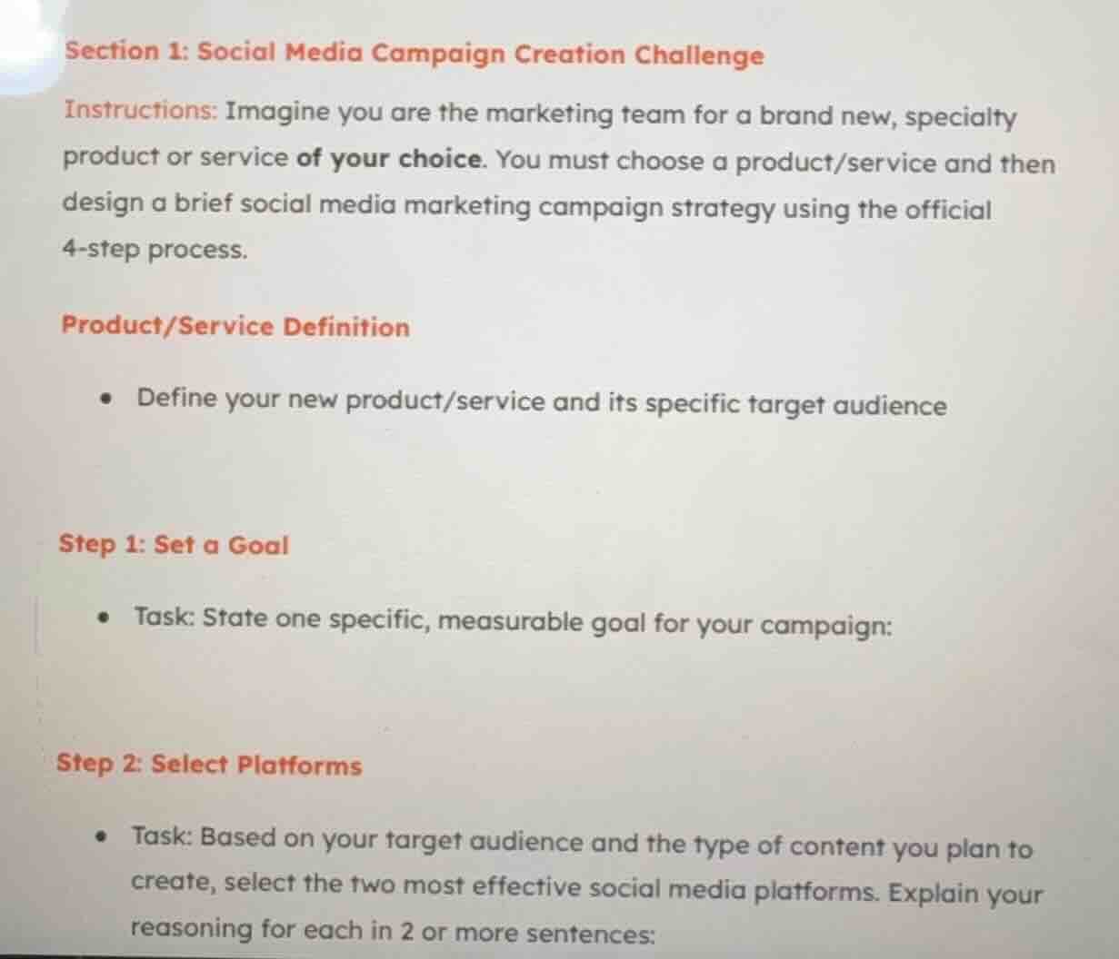 section 1: social media campaign creation challenge instructions: imagi…