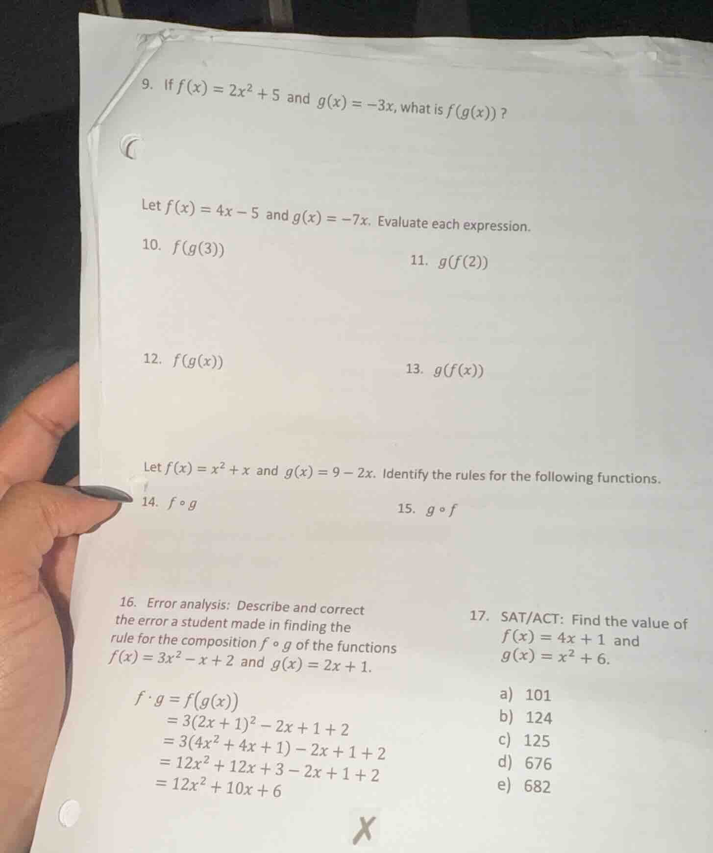 9. if $f(x) = 2x^2 + 5$ and $g(x) = -3x$, what is $f(g(x))$? let $f(x) …