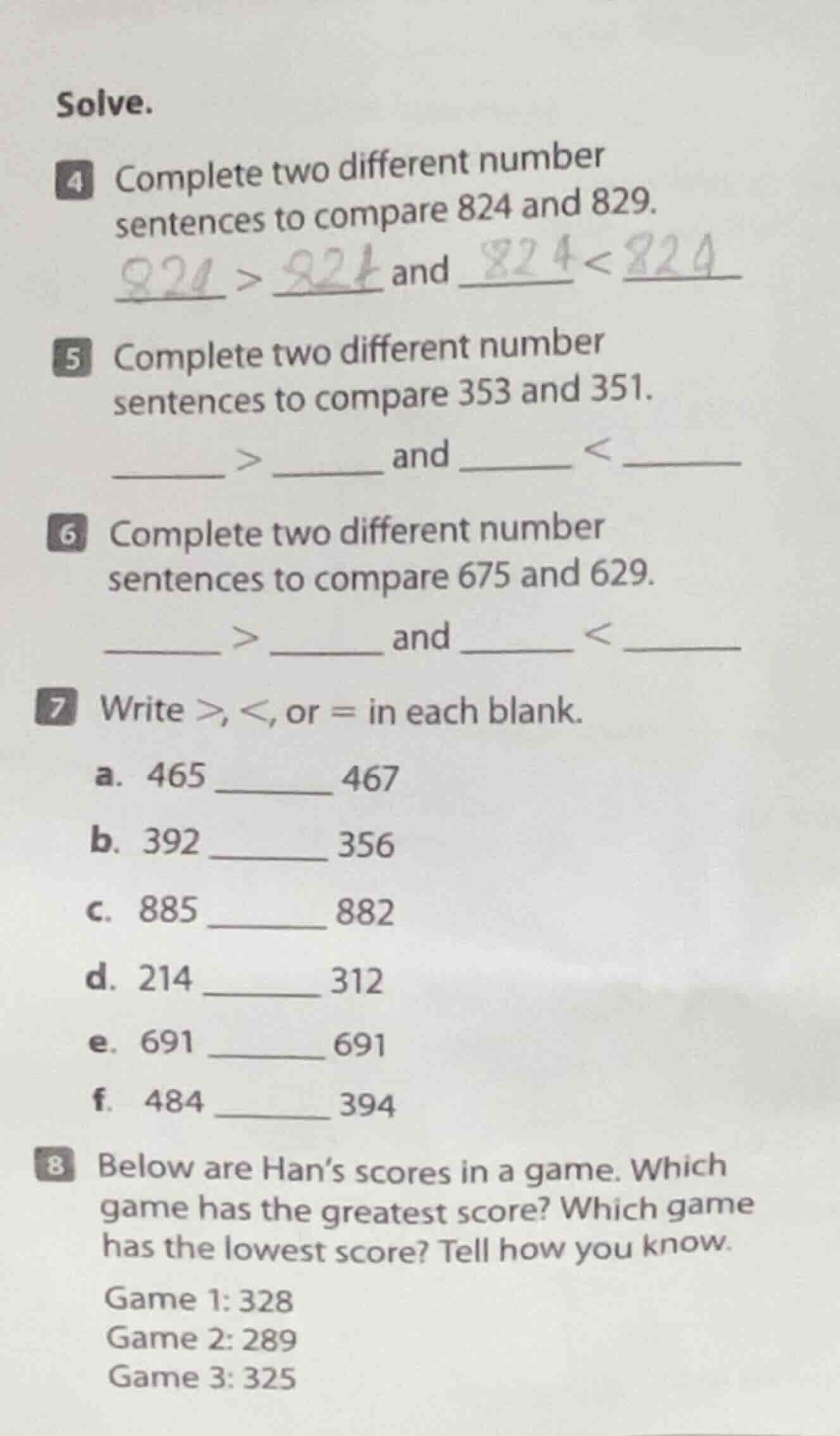 solve. 4 complete two different number sentences to compare 824 and 829…