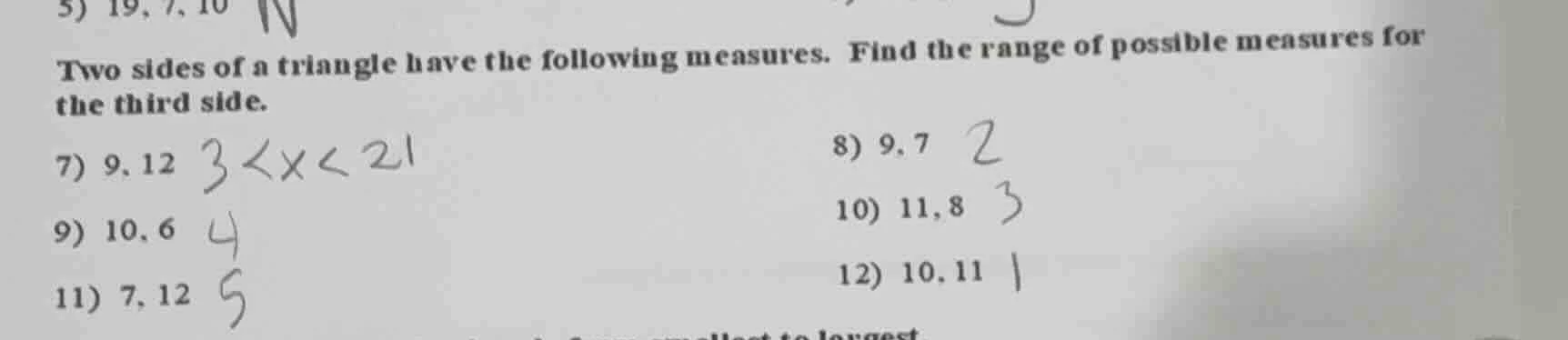 5) 19, 7, 10 two sides of a triangle have the following measures. find …