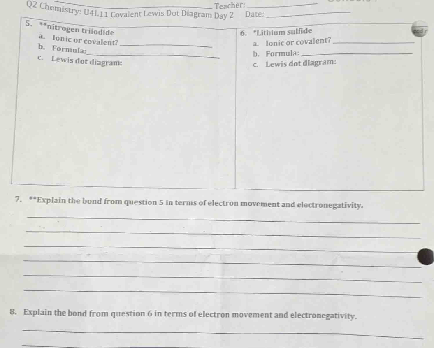 q2 chemistry: u4l11 covalent lewis dot diagram day 2 5. **nitrogen trii…