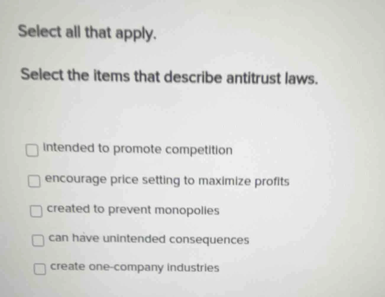select all that apply. select the items that describe antitrust laws. -…