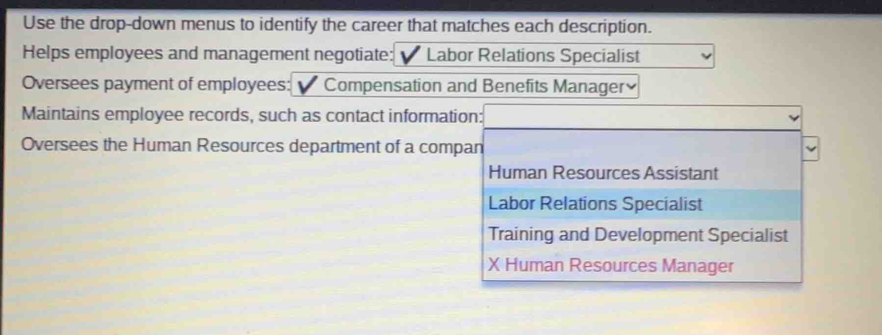 use the drop-down menus to identify the career that matches each descri…