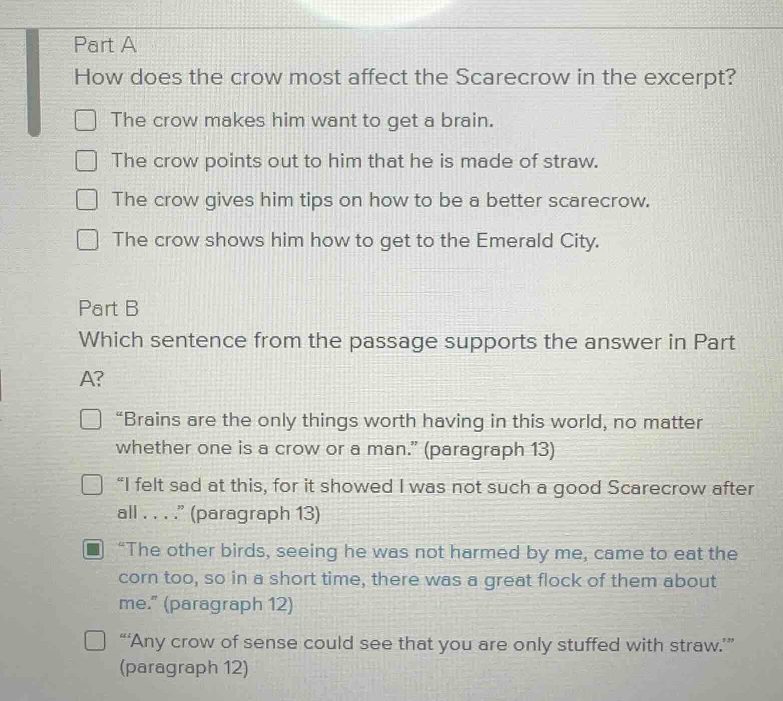 part a how does the crow most affect the scarecrow in the excerpt? □ th…