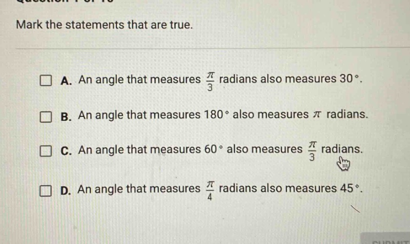 mark the statements that are true. a. an angle that measures \\(\\frac{…