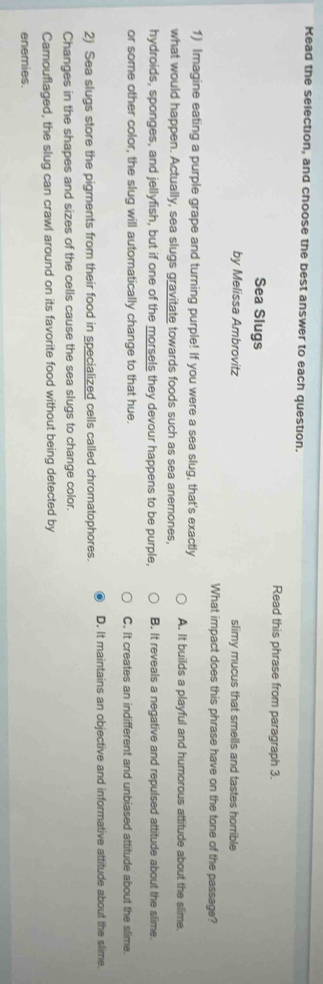 read the selection, and choose the best answer to each question. sea sl…