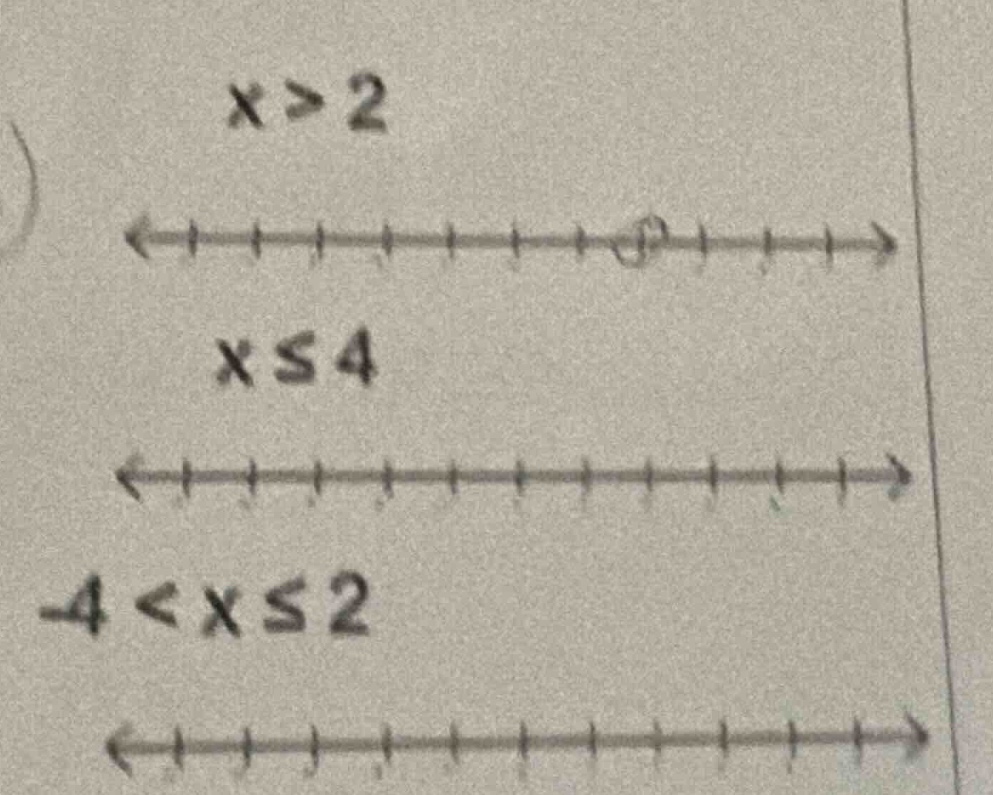 x > 2 <---|---|---|---|---|---|---|○|---|---|---> x ≤ 4 <---|---|---|--…