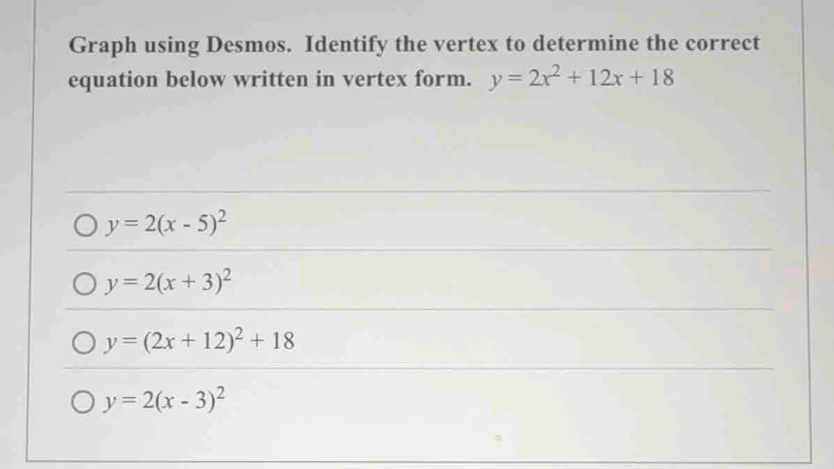 graph using desmos. identify the vertex to determine the correct equati…