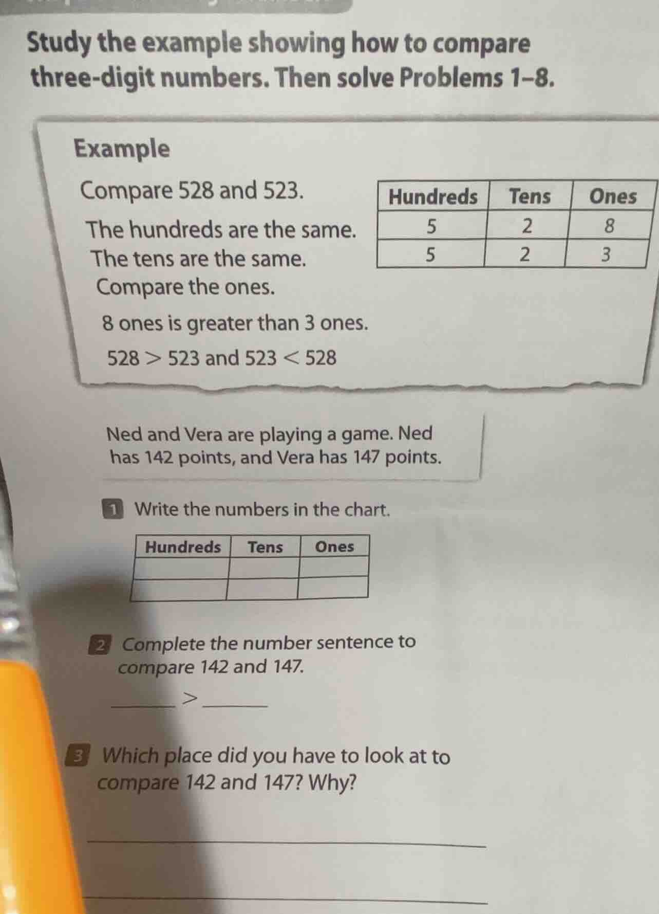 study the example showing how to compare three-digit numbers. then solv…