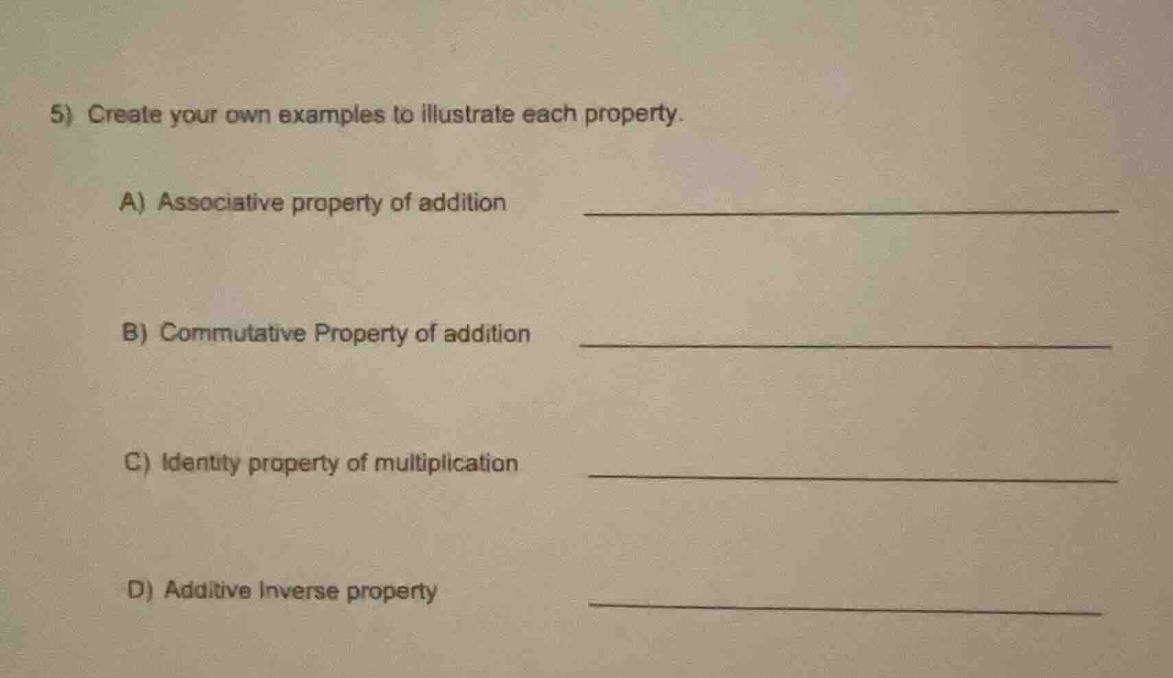 5) create your own examples to illustrate each property. a) associative…