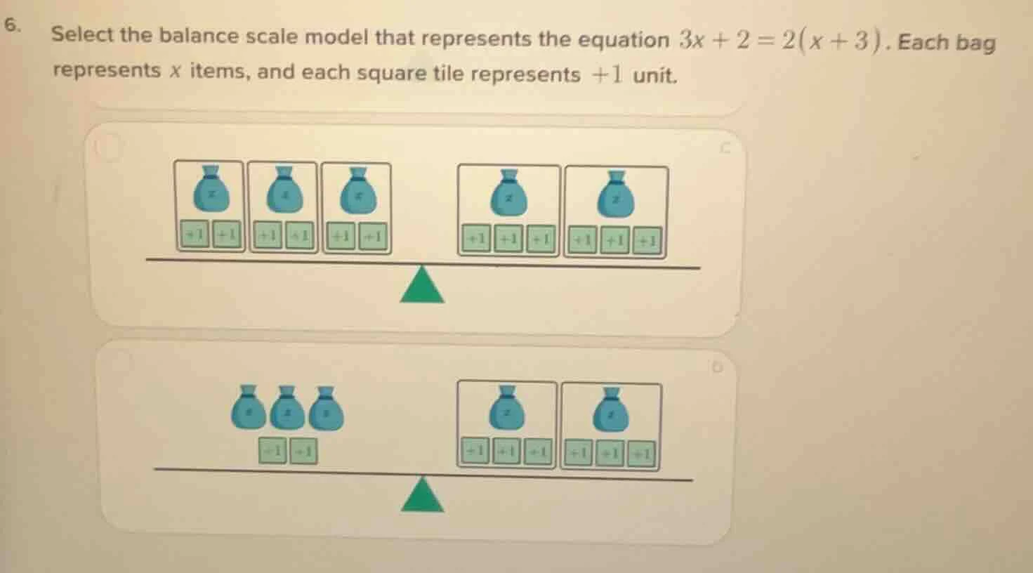 6. select the balance scale model that represents the equation $3x + 2 …