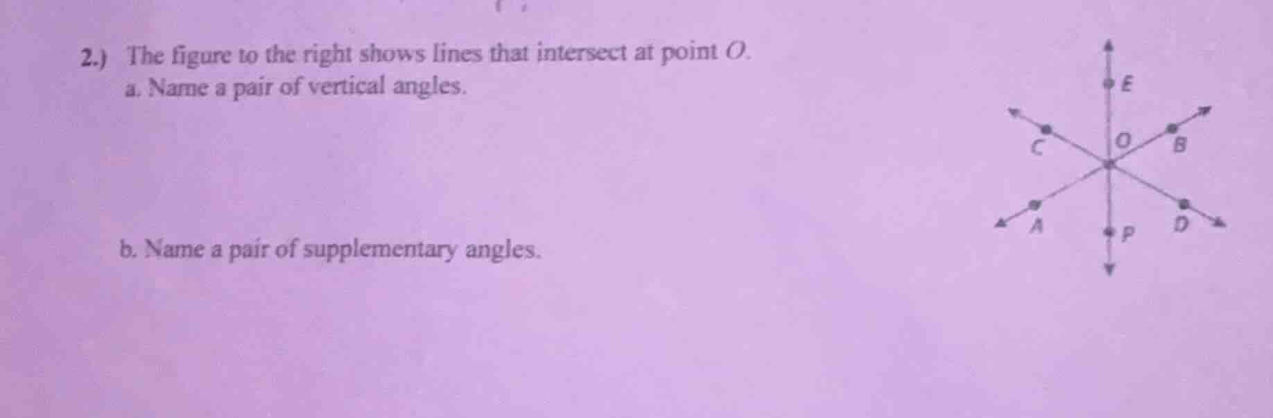 2.) the figure to the right shows lines that intersect at point o. a. n…