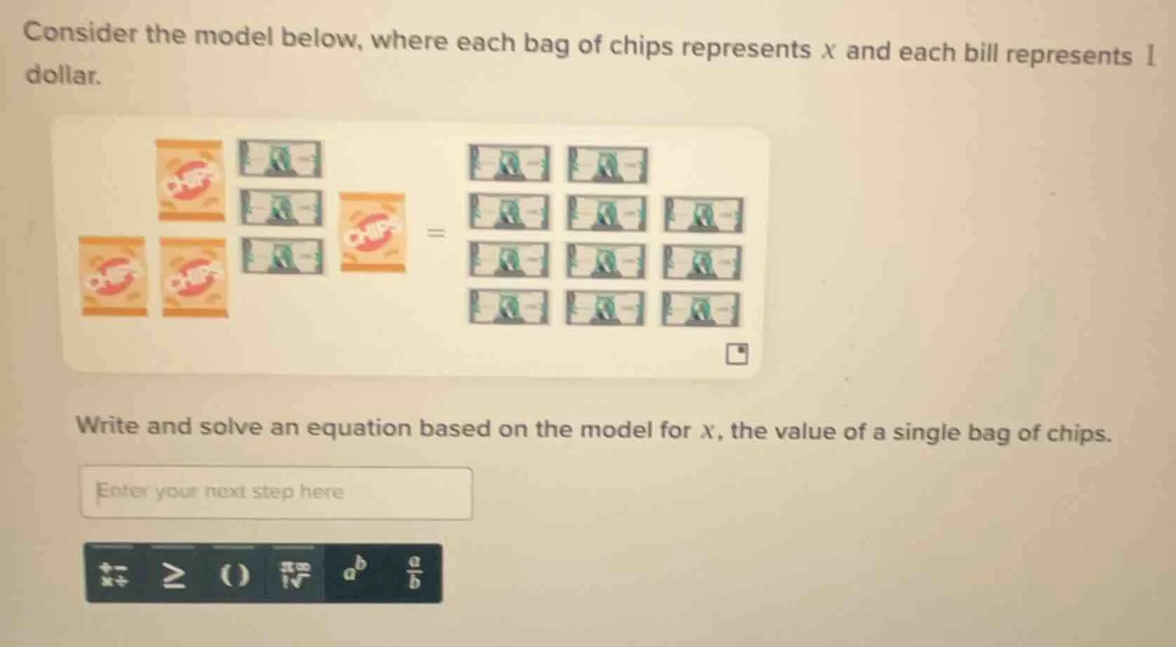 consider the model below, where each bag of chips represents x and each…