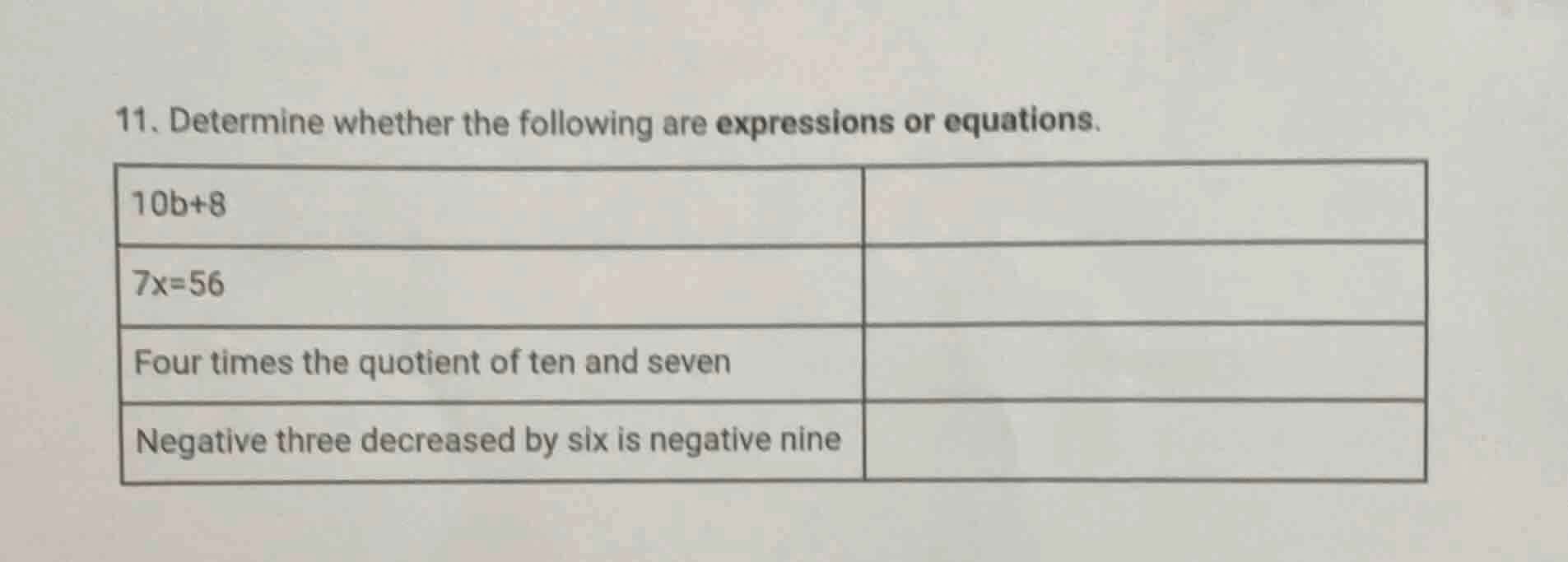 11. determine whether the following are expressions or equations. |10b+…