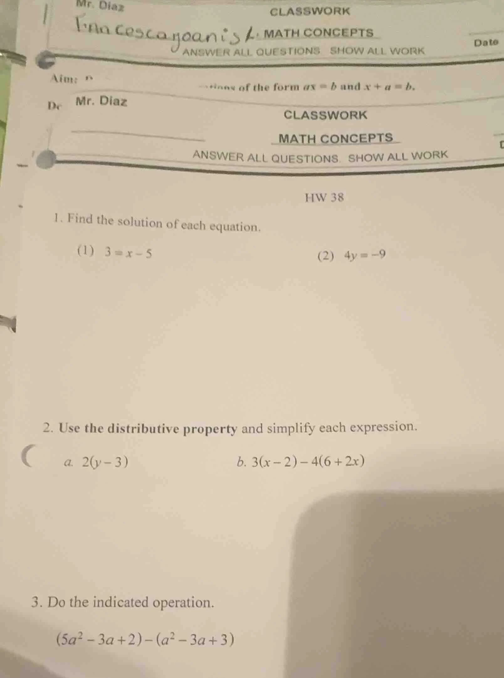 mr. diaz classwork math concepts answer all questions show all work dat…