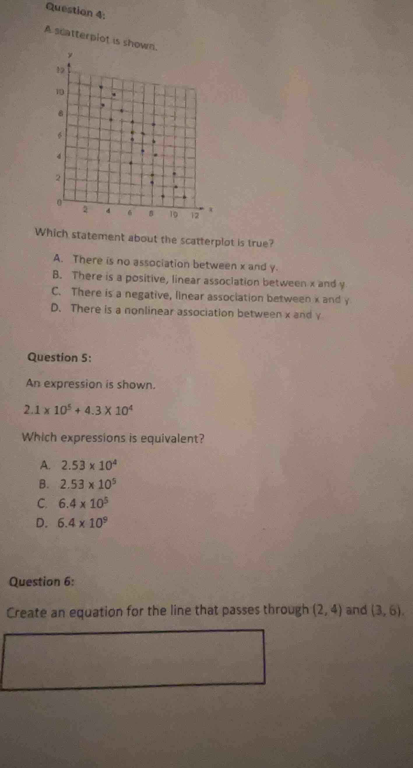 question 4: a scatterplot is shown. scatterplot image which statement a…