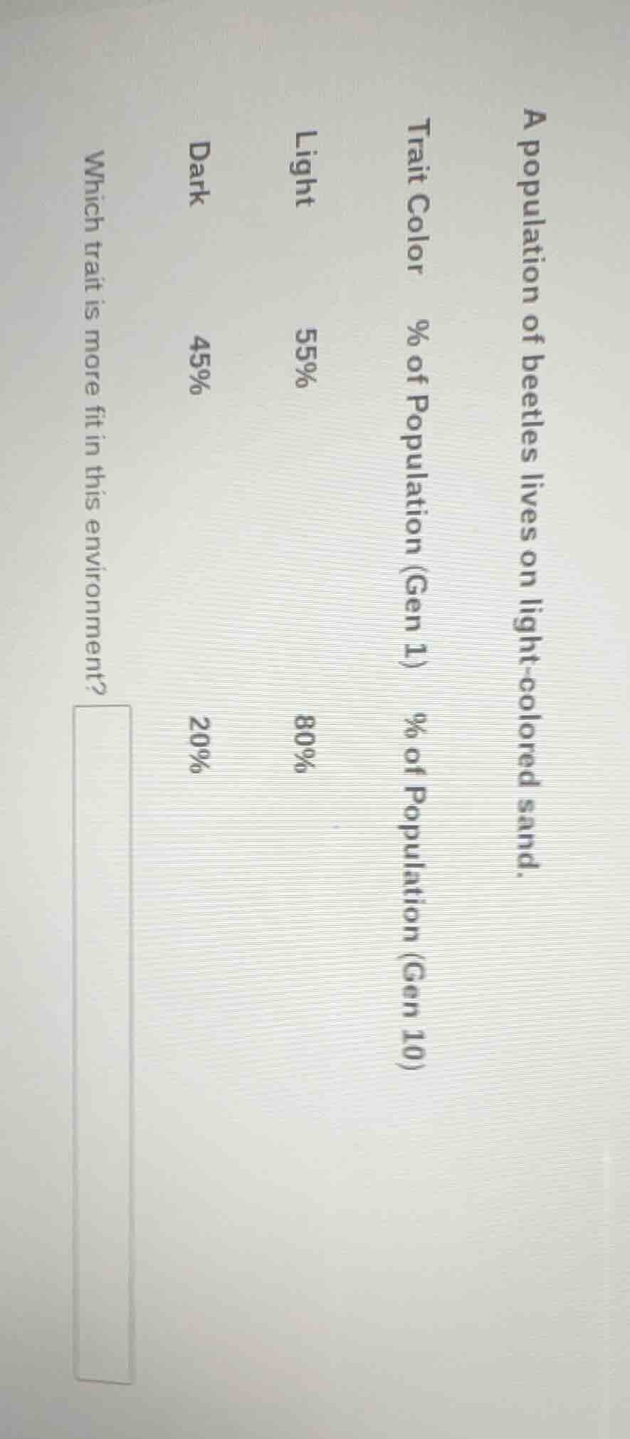 a population of beetles lives on light - colored sand. trait color\t% o…
