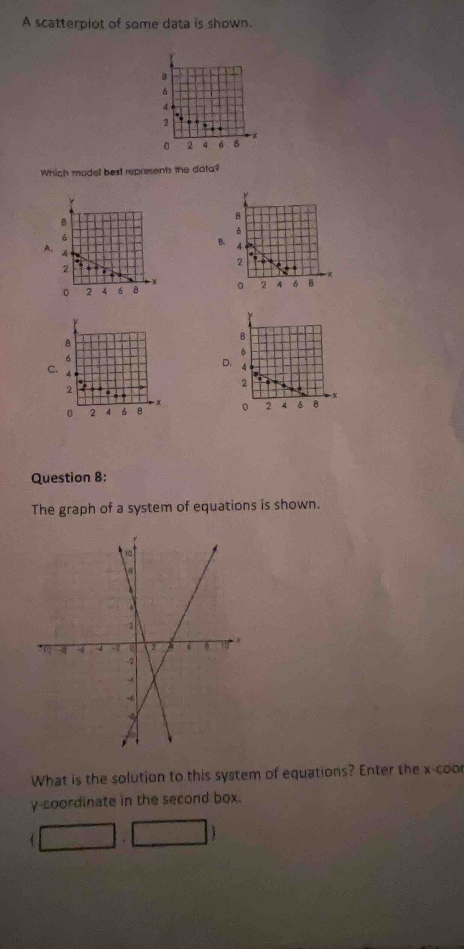 a scatterplot of some data is shown. which model best represents the da…