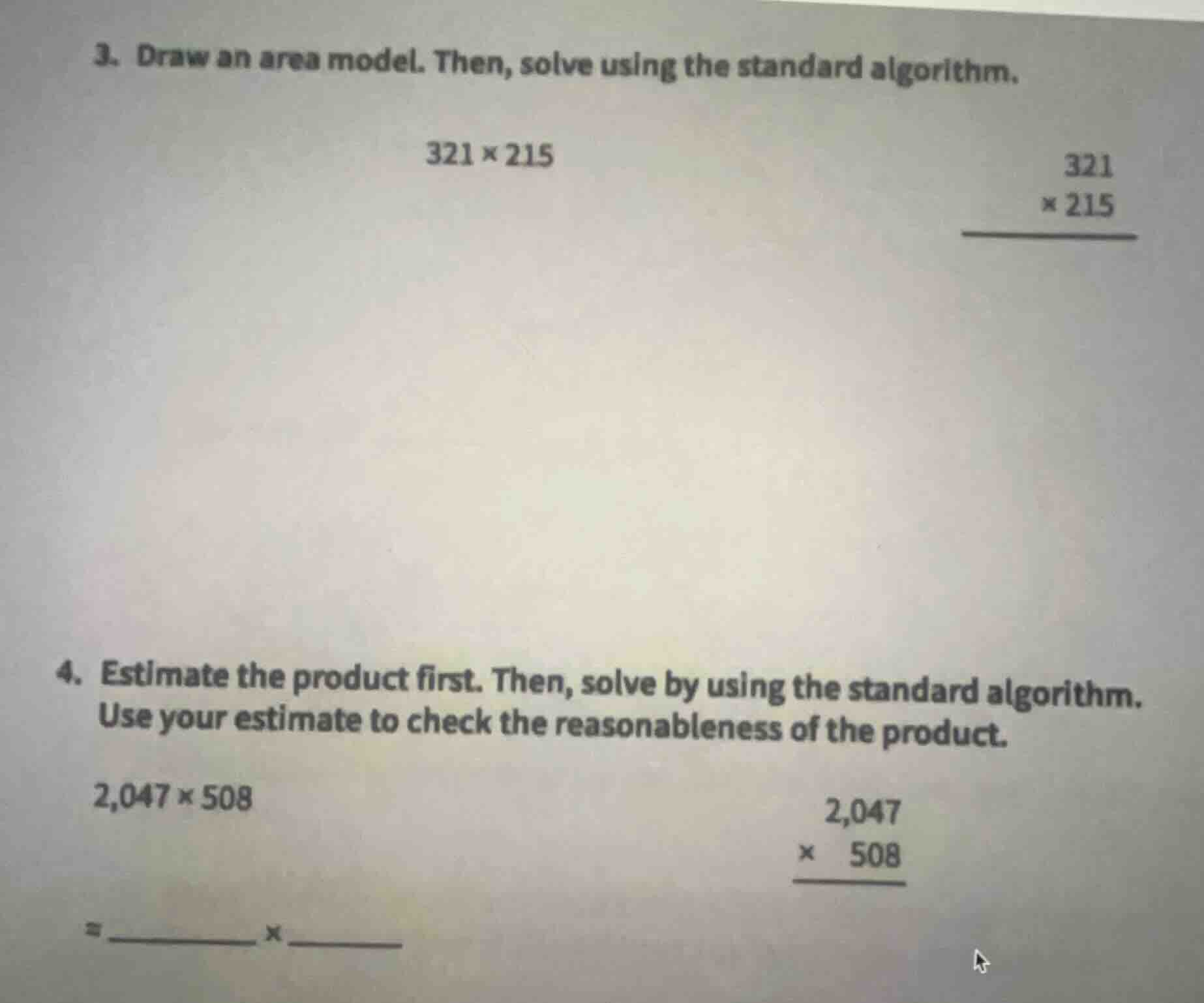 3. draw an area model. then, solve using the standard algorithm. 321 × …