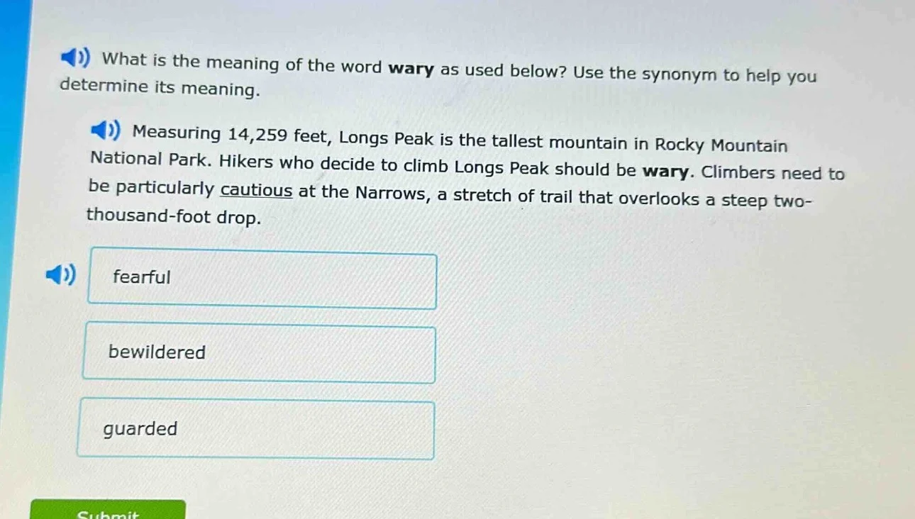 what is the meaning of the word wary as used below? use the synonym to …