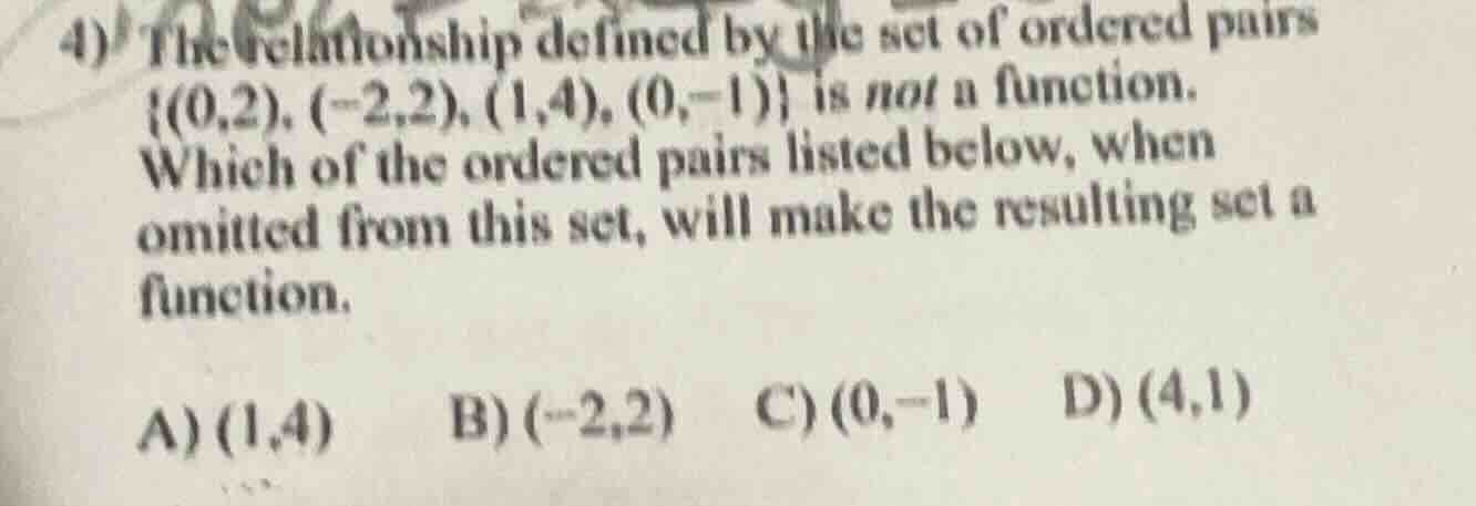 4) the relationship defined by the set of ordered pairs {(0,2), (-2,2),…