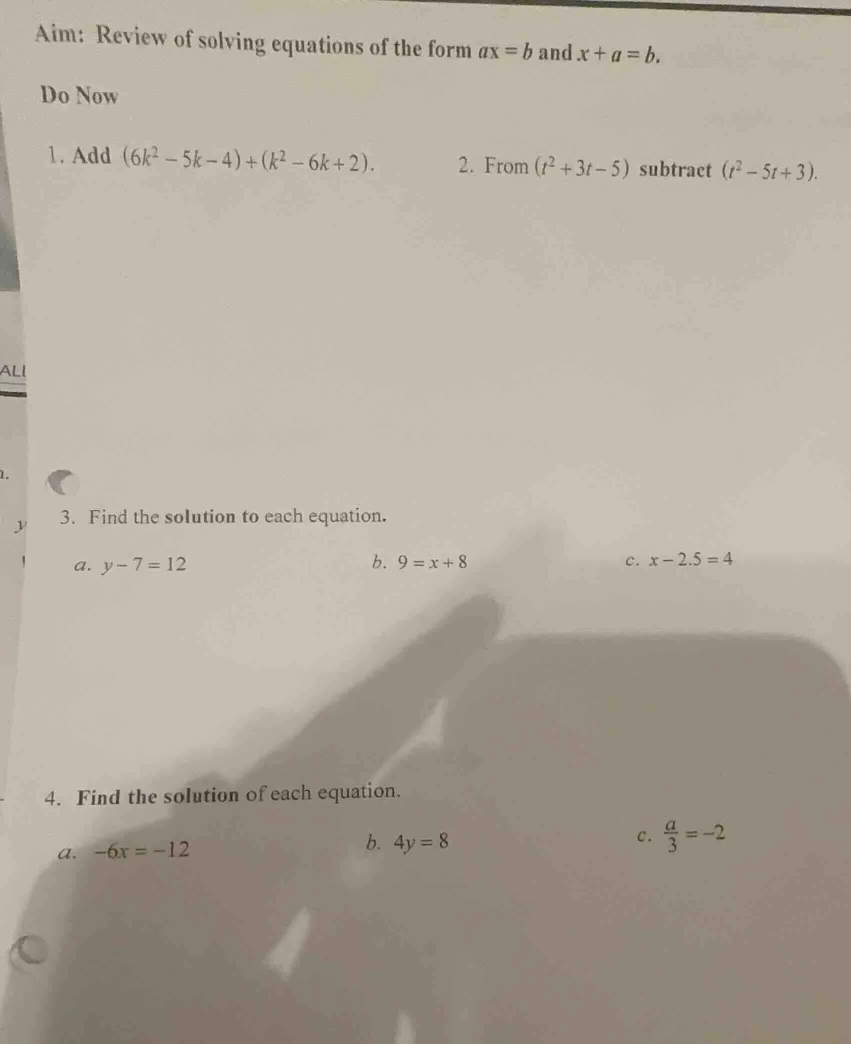 aim: review of solving equations of the form $ax = b$ and $x + a = b$. …