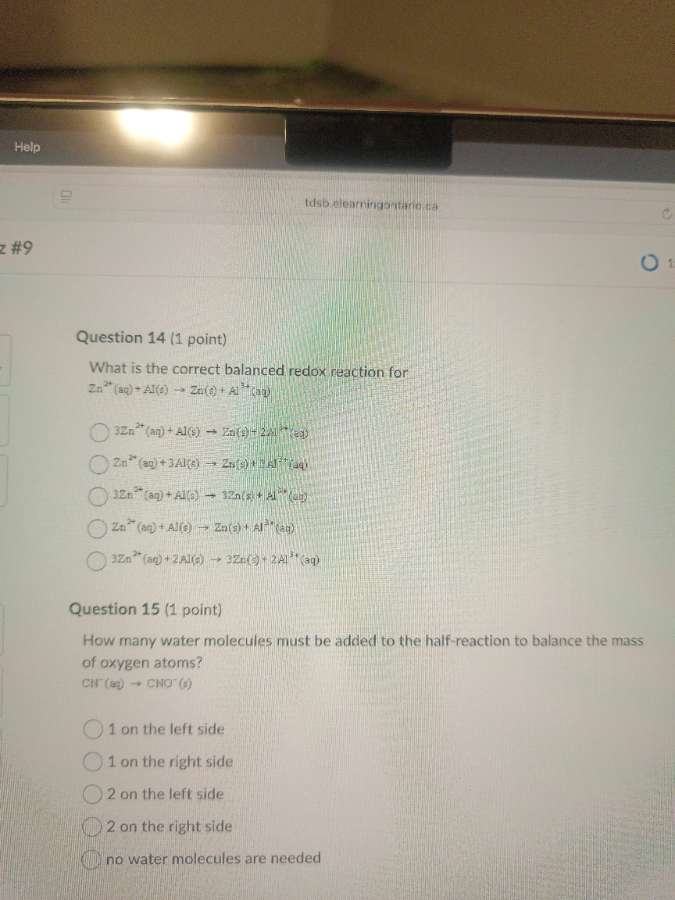 question 14 (1 point) what is the correct balanced redox reaction for z…
