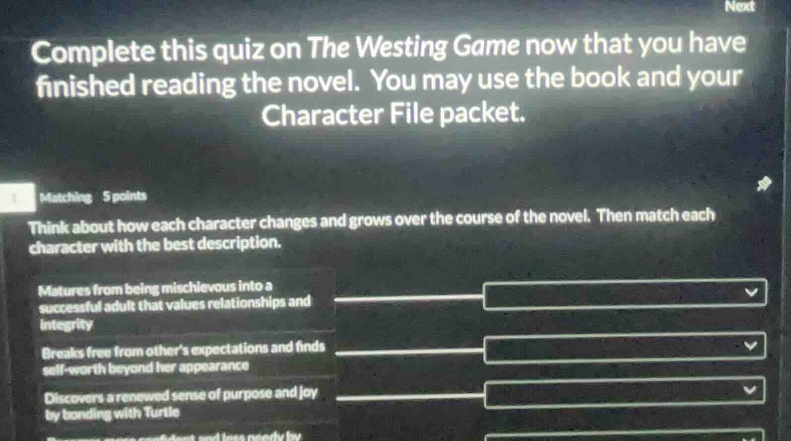 complete this quiz on the westing game now that you have finished readi…