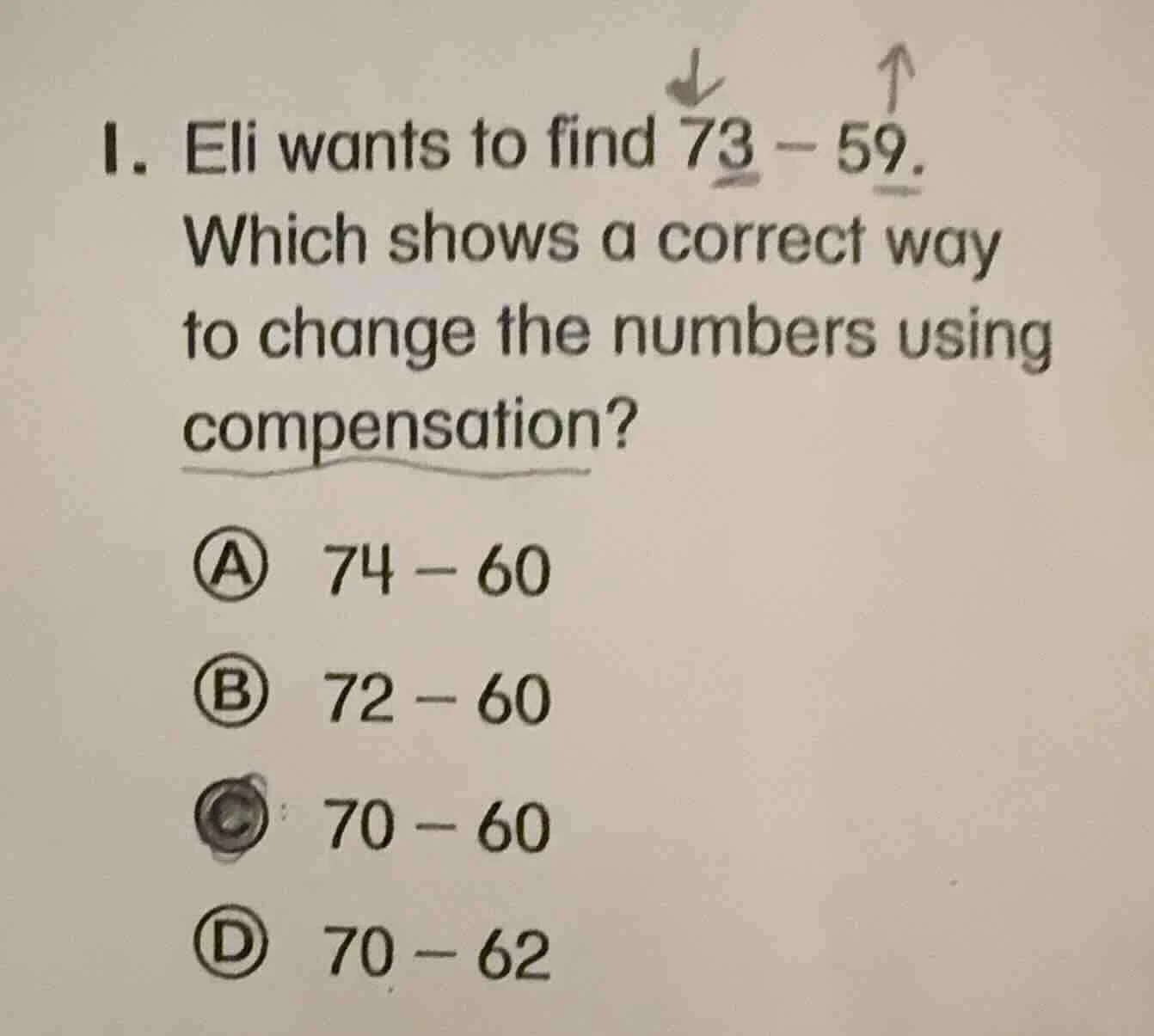 1. eli wants to find 73 - 59. which shows a correct way to change the n…