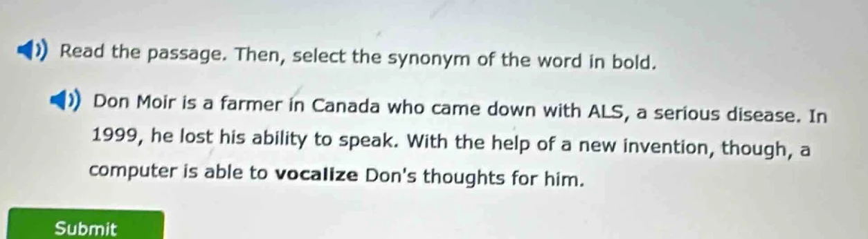 read the passage. then, select the synonym of the word in bold. don moi…