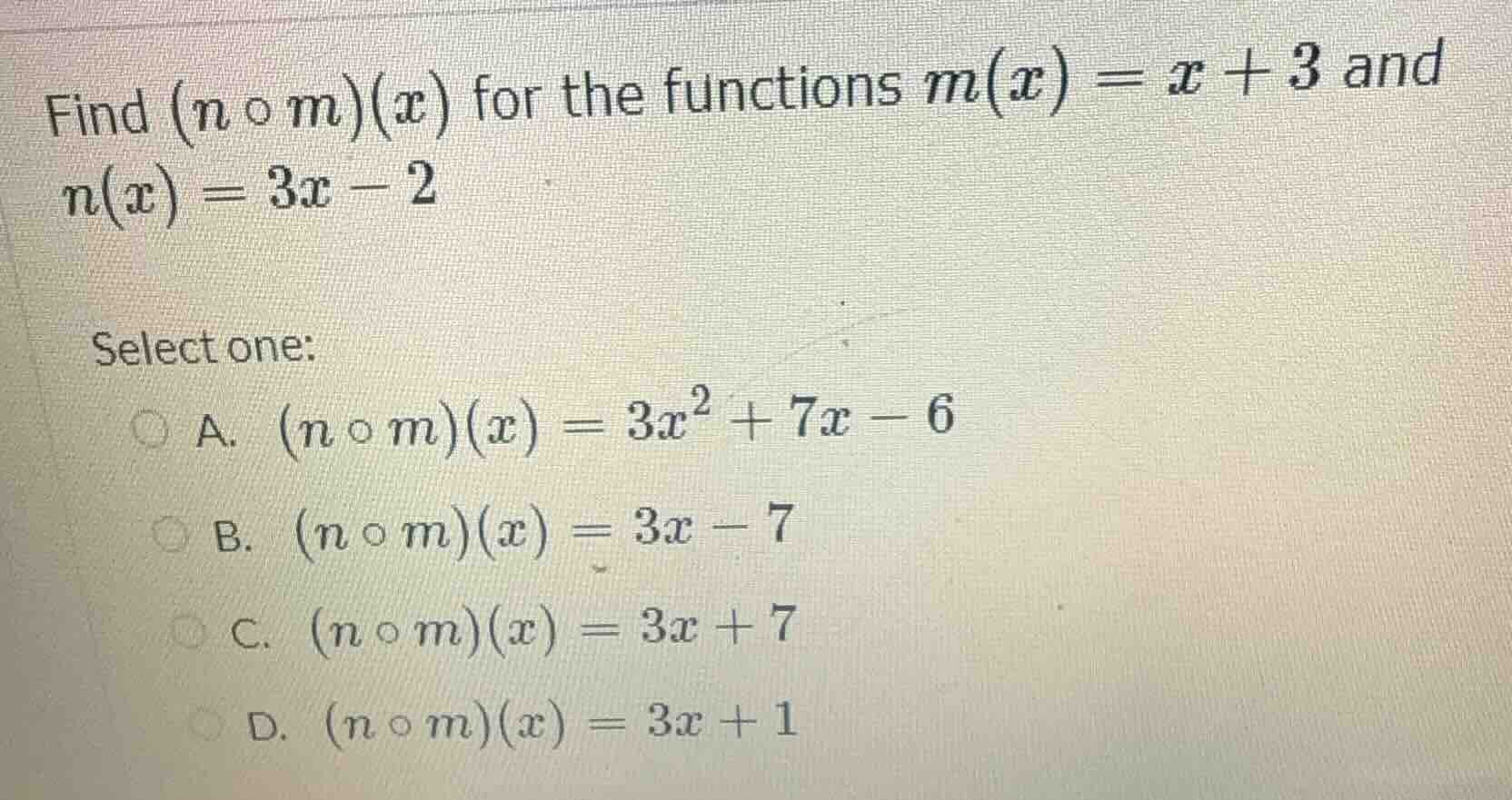 find $(n \\circ m)(x)$ for the functions $m(x) = x + 3$ and $n(x) = 3x …