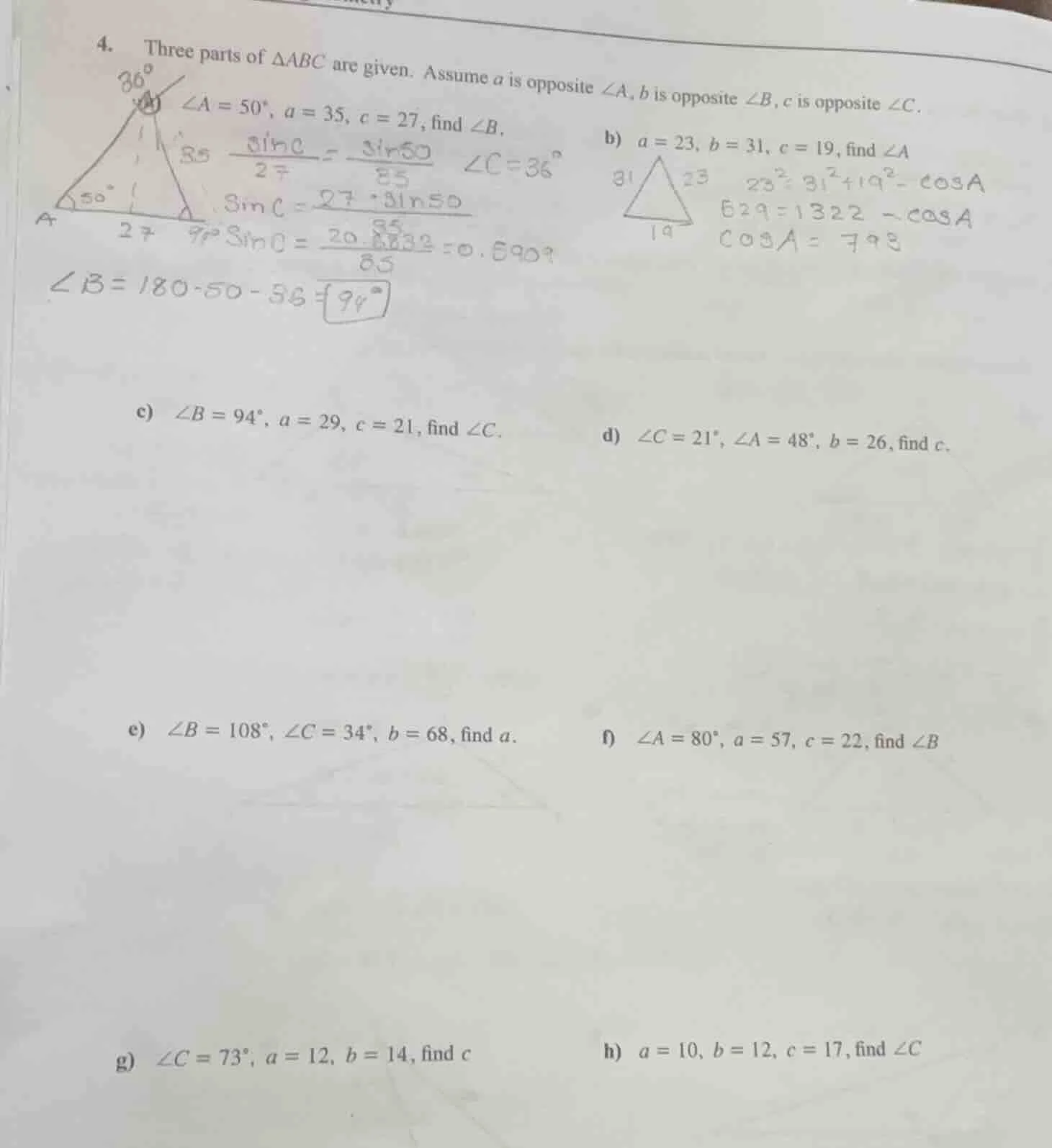 4. three parts of $\\triangle abc$ are given. assume $a$ is opposite $\…