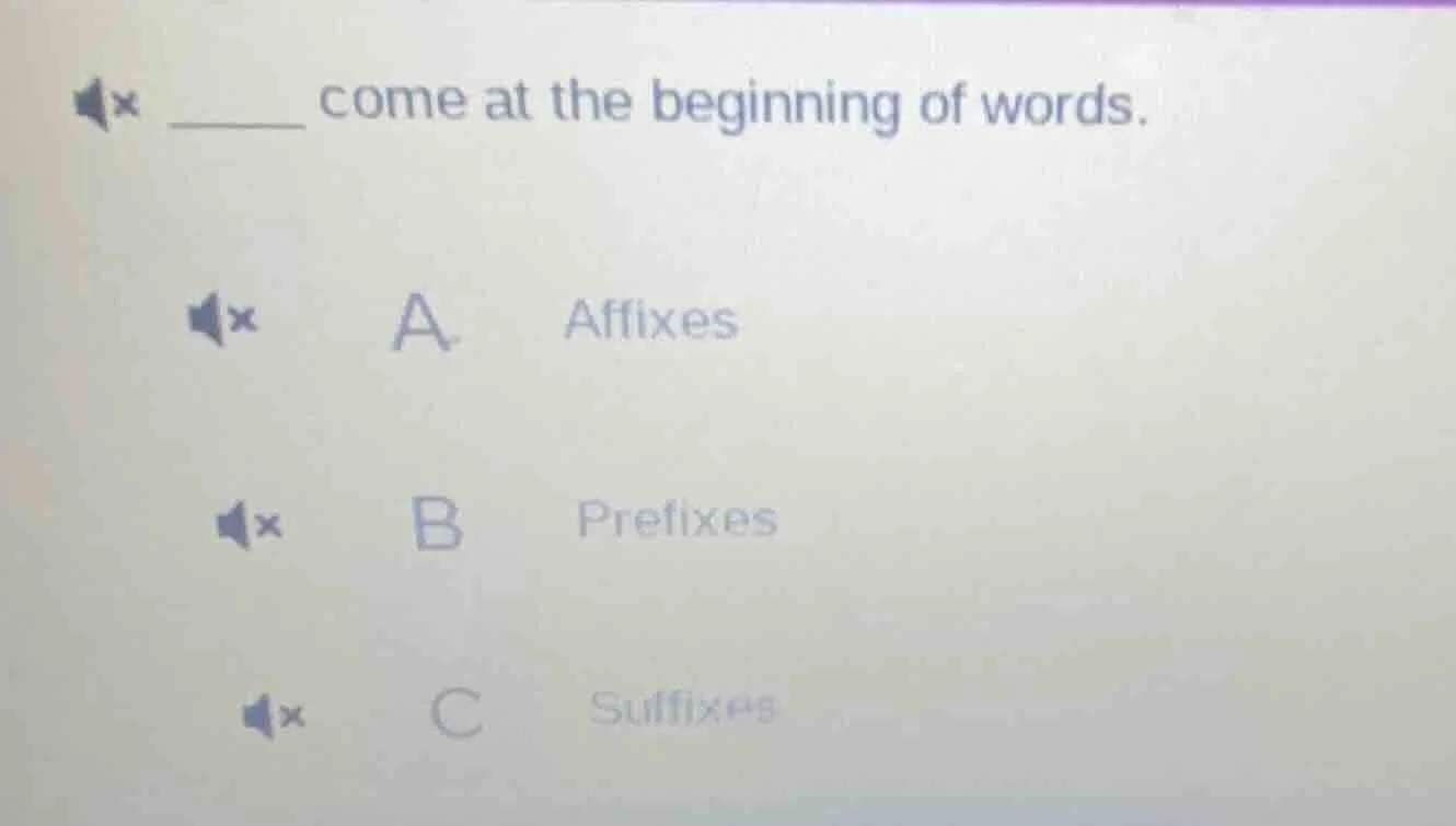 ______ come at the beginning of words. a. affixes b. prefixes c. suffix…