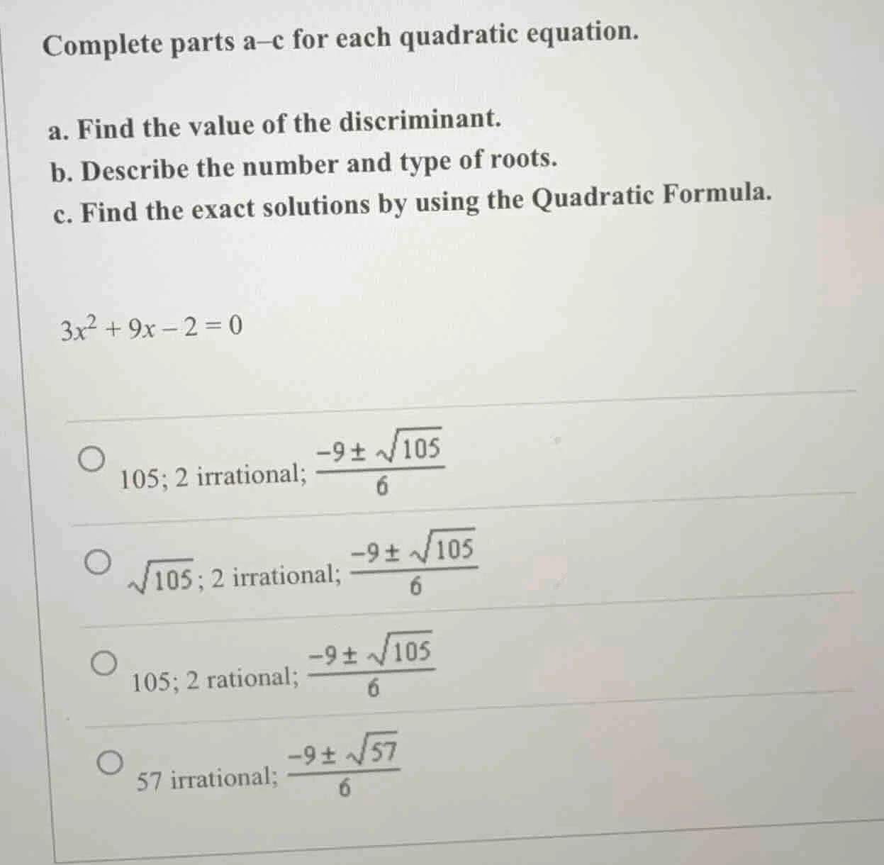 complete parts a–c for each quadratic equation. a. find the value of th…