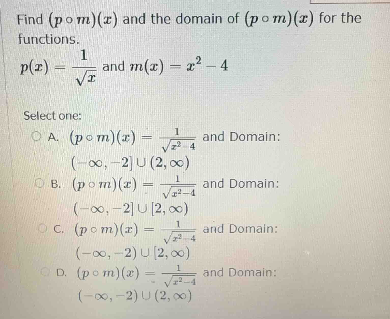 find $(p \\circ m)(x)$ and the domain of $(p \\circ m)(x)$ for the func…