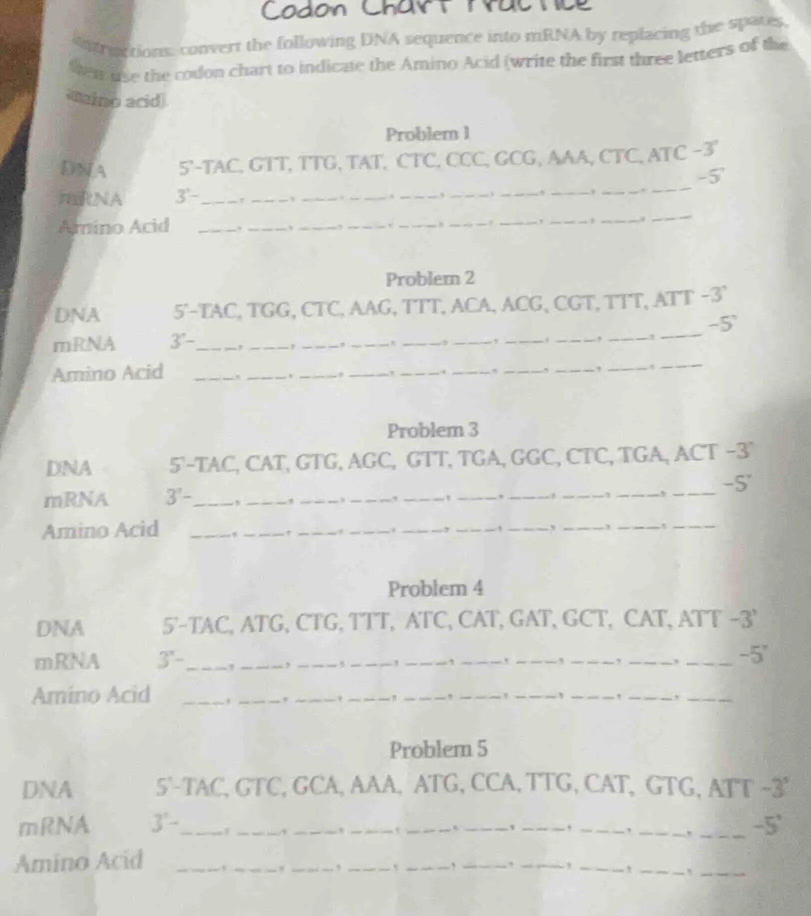 codon chart practice instructions: convert the following dna sequence i…