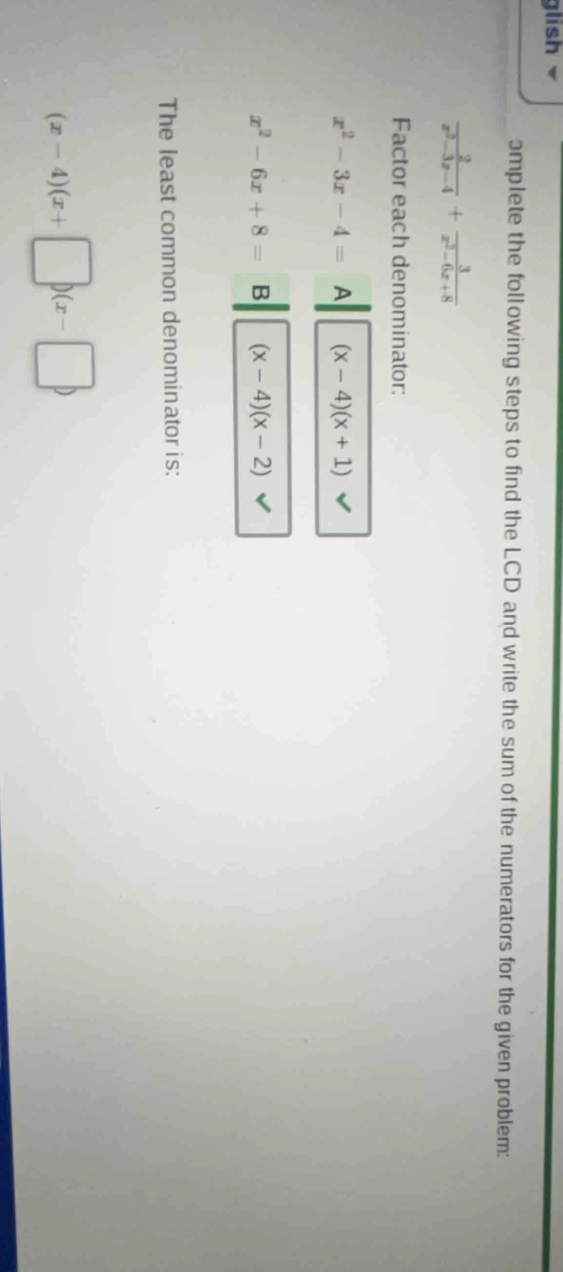 complete the following steps to find the lcd and write the sum of the n…
