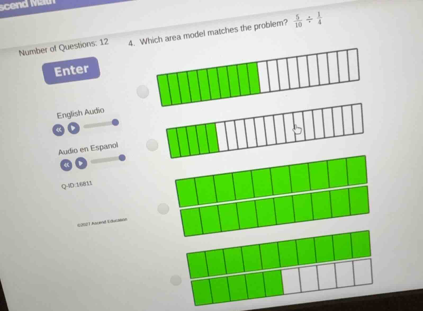 number of questions: 12 4. which area model matches the problem? $\frac…