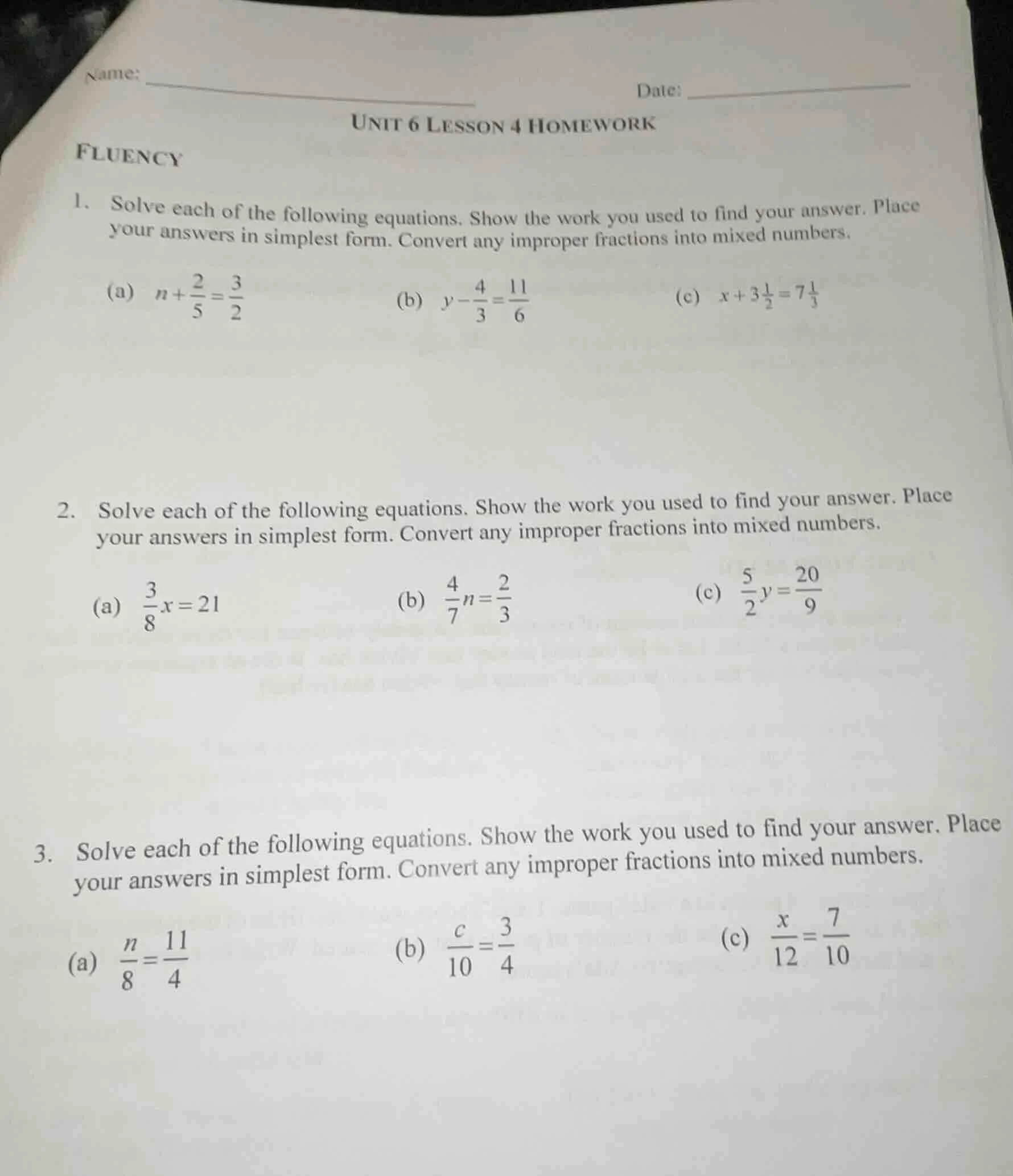 name: ______ date: ______ unit 6 lesson 4 homework fluency 1. solve eac…