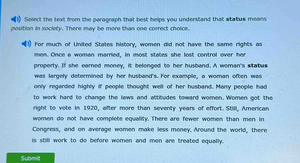 select the text from the paragraph that best helps you understand that …