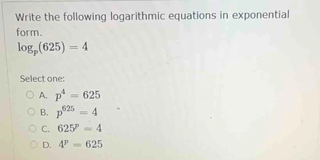 write the following logarithmic equations in exponential form. \\log_{p…