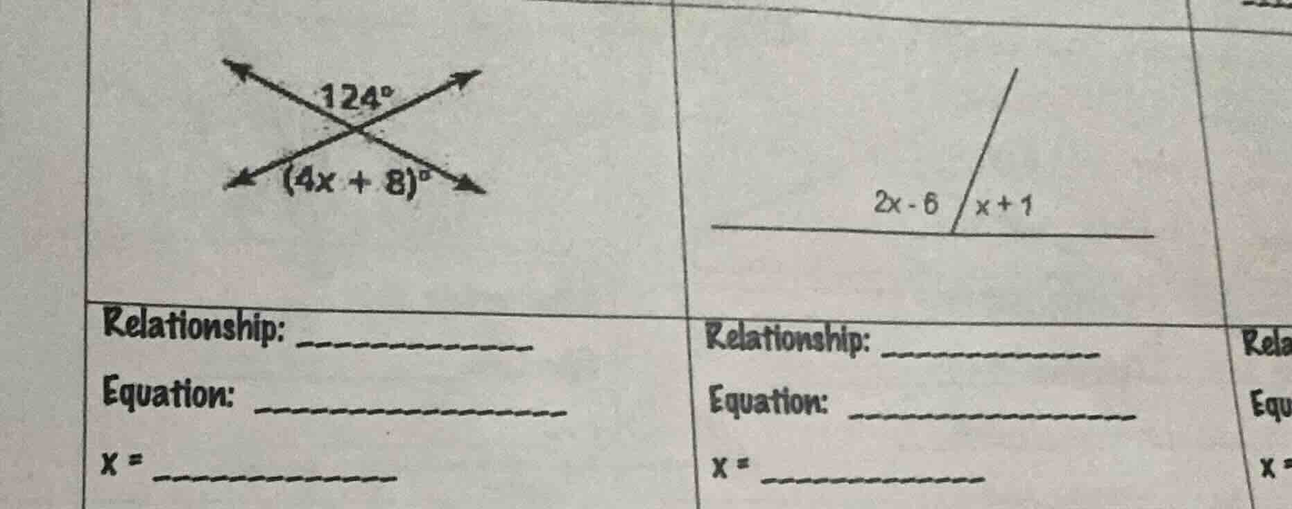 124° (4x + 8)° relationship: _____________ equation: _________________ …