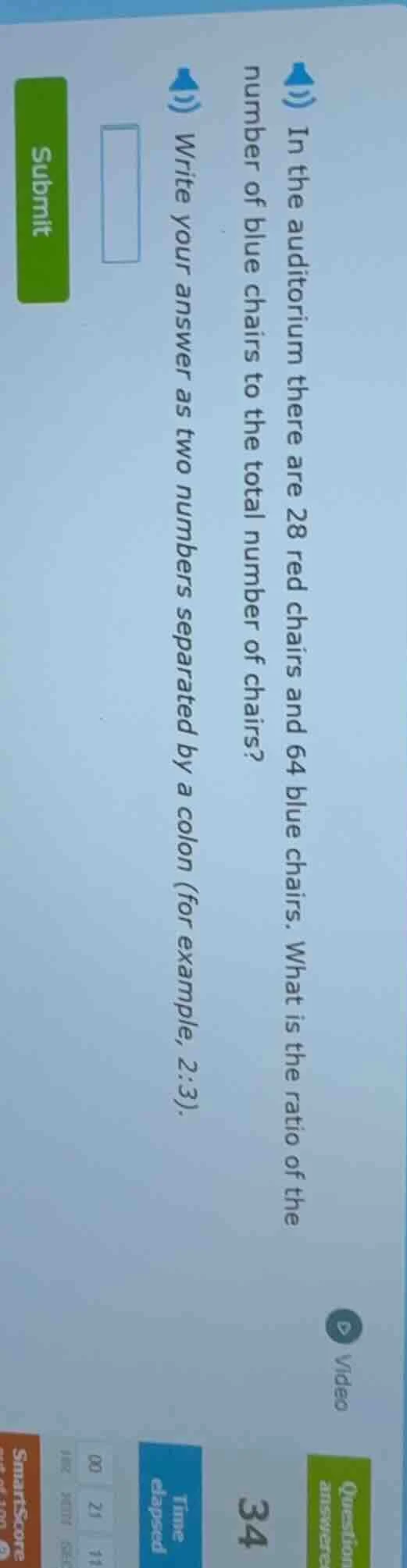 in the auditorium there are 28 red chairs and 64 blue chairs. what is t…