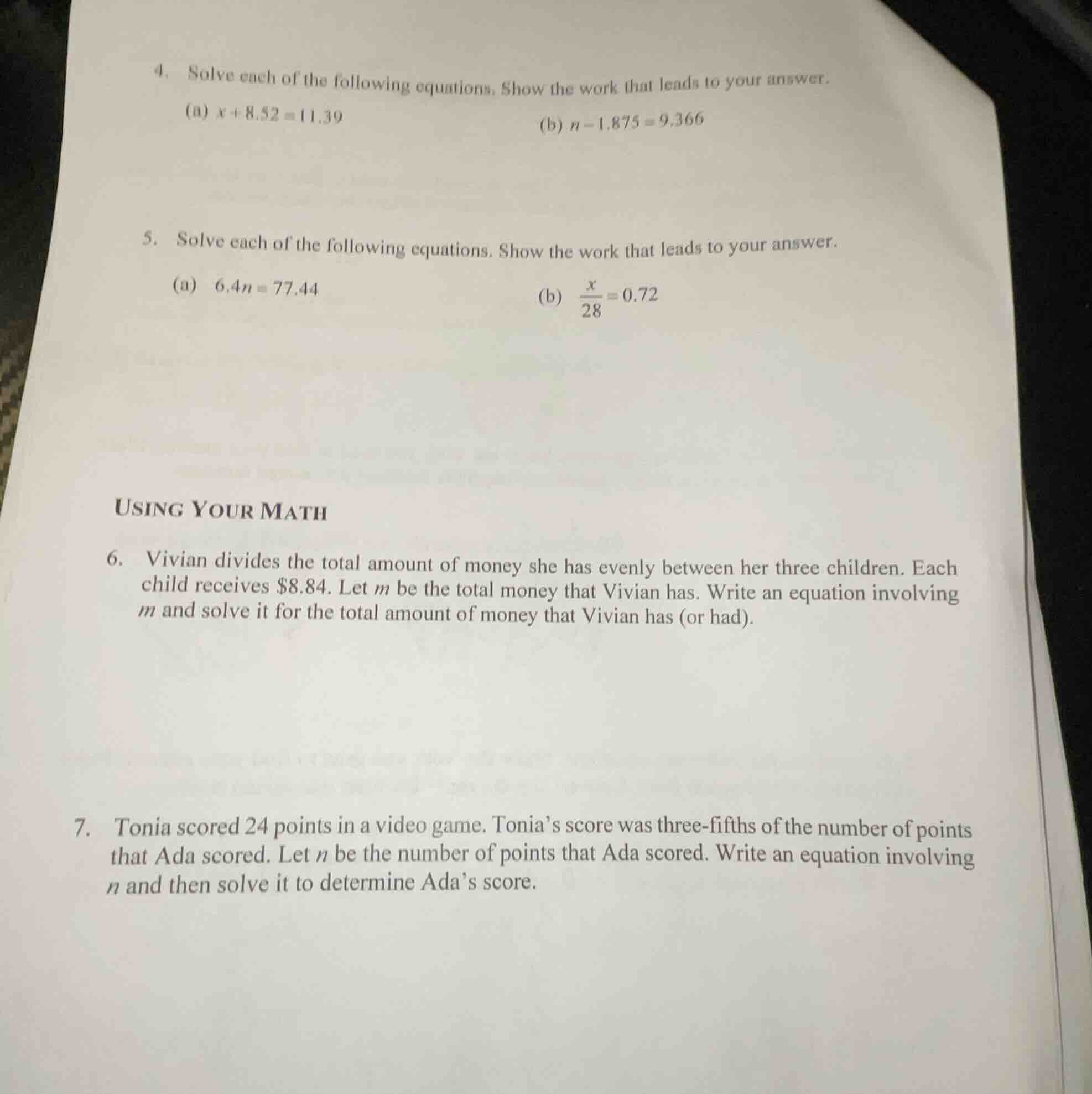 4. solve each of the following equations. show the work that leads to y…