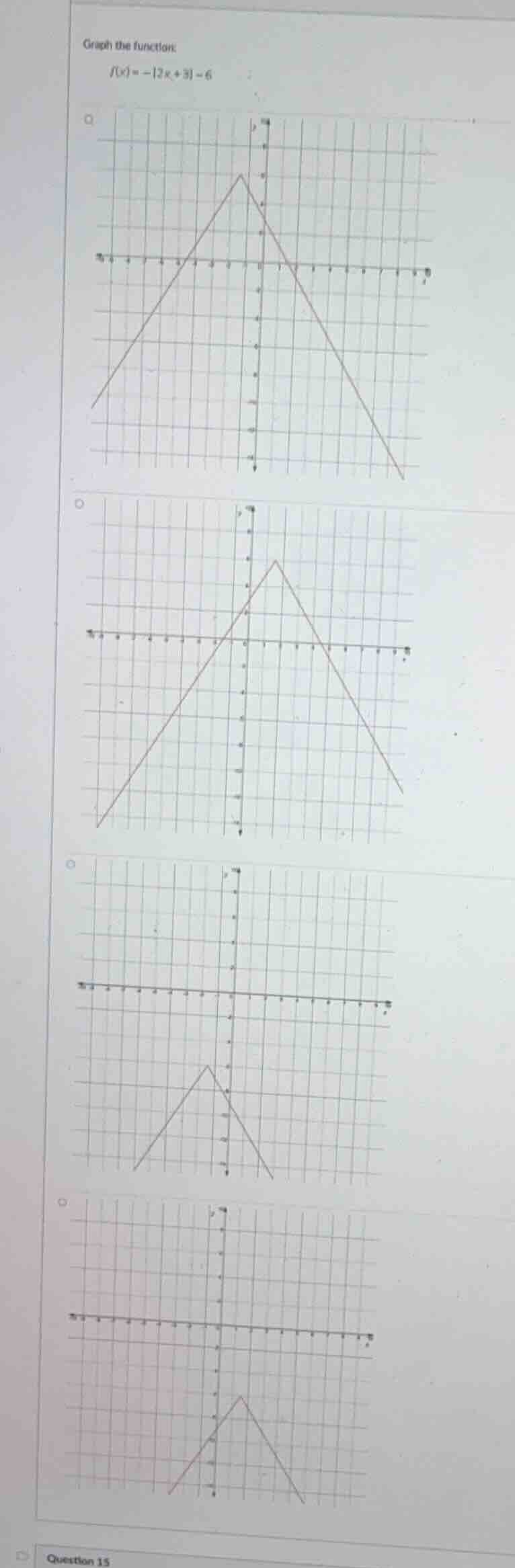 graph the function: $f(x) = -|2x + 3| + 6$ (there are four graphs with …