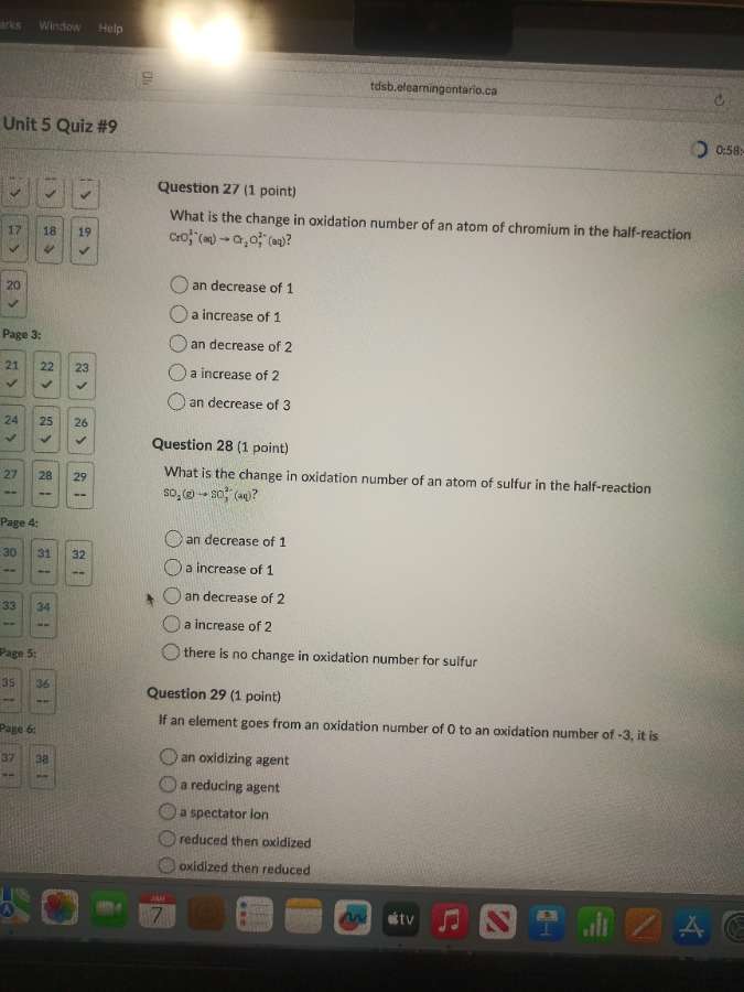 unit 5 quiz #9 question 27 (1 point) what is the change in oxidation nu…