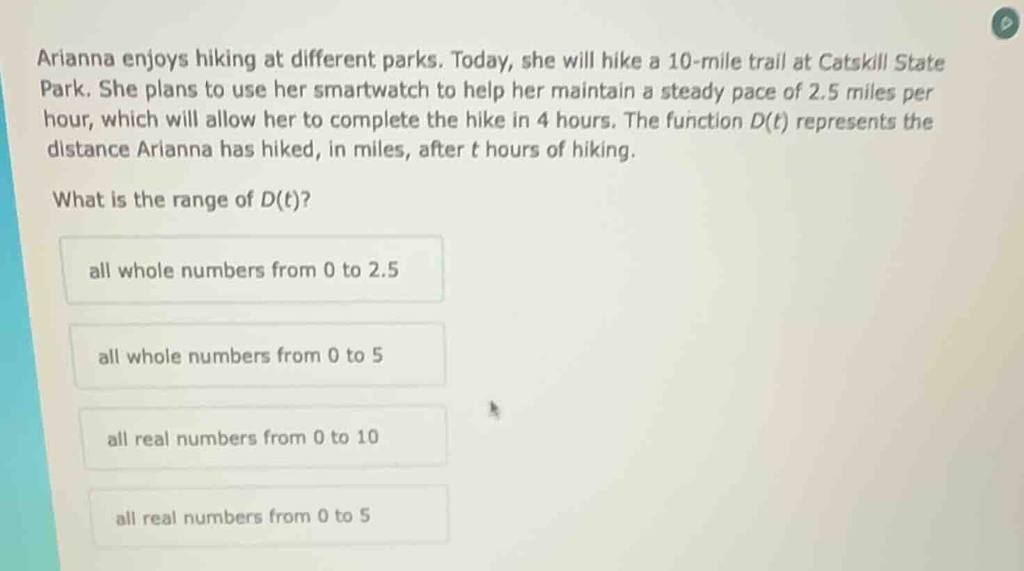 arianna enjoys hiking at different parks. today, she will hike a 10-mil…