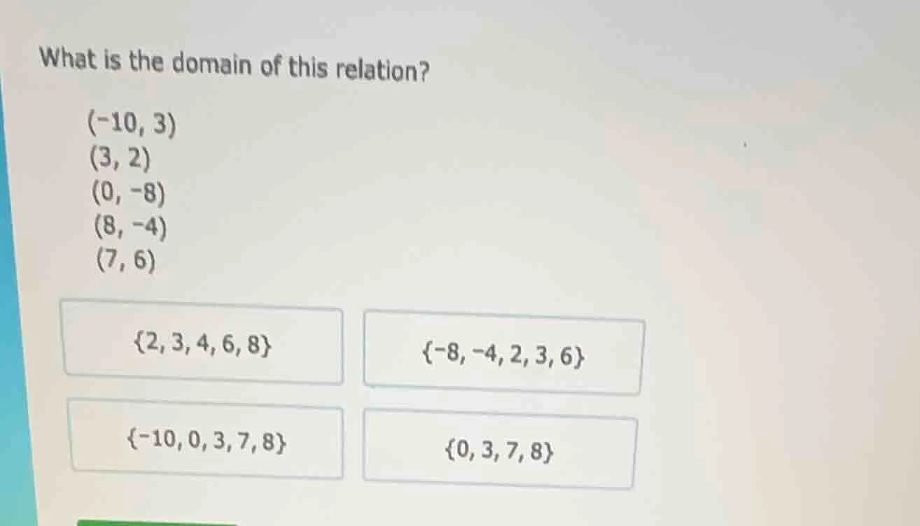 what is the domain of this relation? (-10, 3) (3, 2) (0, -8) (8, -4) (7…