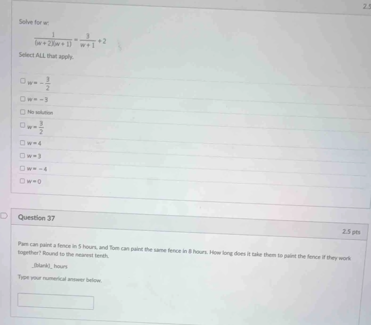 solve for w: \\frac{1}{(w + 2)(w + 1)} = \\frac{3}{w + 1} + 2 select al…