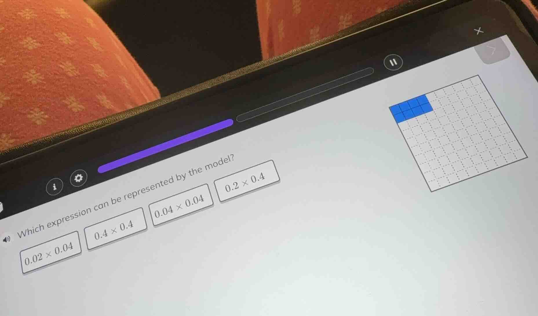 which expression can be represented by the model? 0.02 × 0.04, 0.4 × 0.…